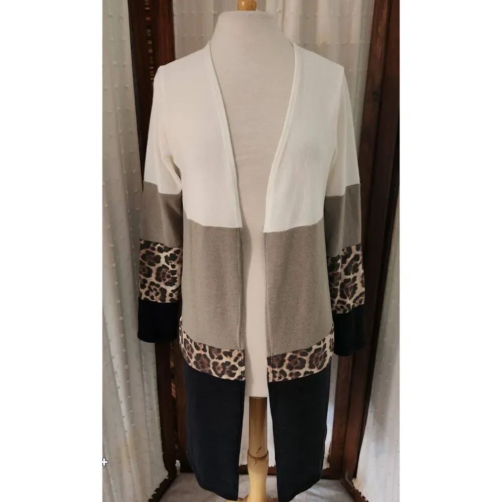 C29 Lovely Melody cream/tan/sage/leopard print open front long sweater cardigan